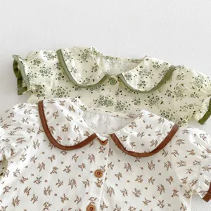 Cute baby floral print doll collar short sleeve top detail, sweet summer toddler girl clothing.