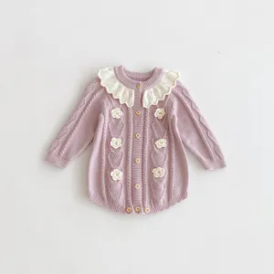 Infant baby girl knit romper long sleeve lotus leaf collar handmade crochet floral bodysuit.