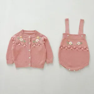 Pink knit baby cardigan and romper set featuring sweet floral embroidery and cute pom-poms.
