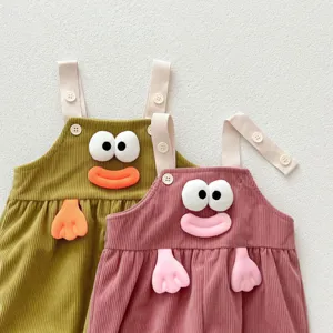 Cute infant corduroy overalls with 3d cartoon doll detail, comfortable autumn baby romper.