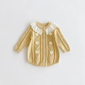 Infant baby girl knit romper with white ruffle collar and cute crochet flowers long sleeve.