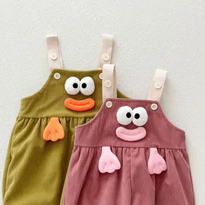 Cute baby corduroy rompers with 3D plush doll eyes and mouth, comfortable autumn baby clothes.