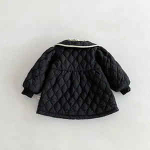 Girls black quilted winter coat with white collar cute toddler warm outerwear jacket