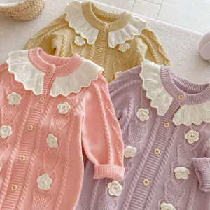 Infant baby girl knit romper long sleeve ruffle collar crochet flower autumn winter jumpsuit