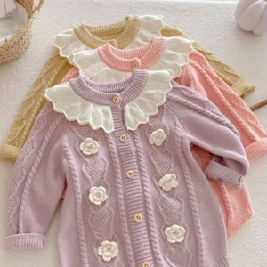 Infant baby knit romper long sleeve cotton toddler jumpsuit cute crochet floral collar sweet baby clothes