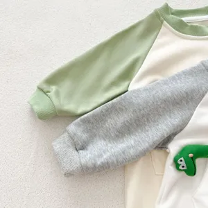 Detailweergave van baby dinosaurus romper met lange mouwen, schattige bodysuit voor jonge kinderen.