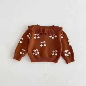Knit cherry print sweater detail, brown toddler girl pullover with cute ruffled lapel collar.