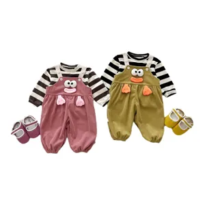 Cute infant baby autumn long sleeve striped t-shirt and cartoon doll overalls clothing set