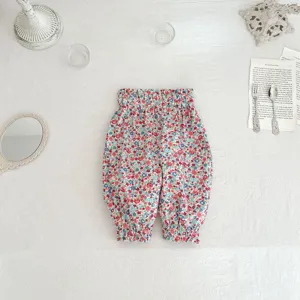 Infant baby floral casual anti-mosquito pants flat lay detail, lightweight breathable summer wear.