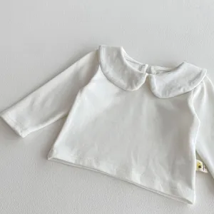 Top de manga larga blanco para bebé niña con lindo cuello de muñeca, algodón suave otoño