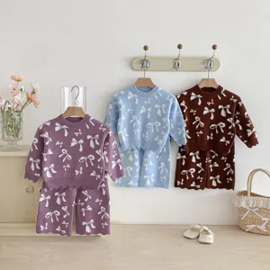 Girls Knit Sweater Set Long Sleeve Bowknot Jacquard Top And Pants Toddler Cute Casual Spring Autumn Outfit