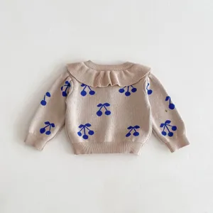 Toddler baby girls knit cardigan sweater with cute blue cherry print and lapel collar beige.
