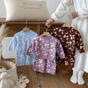 Girls knitwear sweater set long sleeve bow jacquard top and pants cute spring children wear
