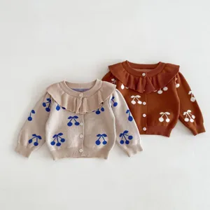 Toddler girl knit cardigan featuring a cute cherry print, stylish lapel collar, and button-up front.
