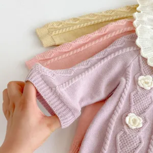 Infant baby girl knit romper with lotus leaf collar long sleeve handmade crochet flowers.