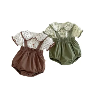 Cute baby girl floral blouse and suspender bloomers summer two-piece outfit set.