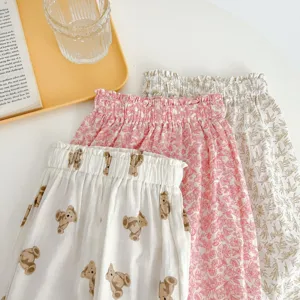 Summer thin casual pants for baby boys and girls, cute cartoon bear and floral anti-mosquito pants.