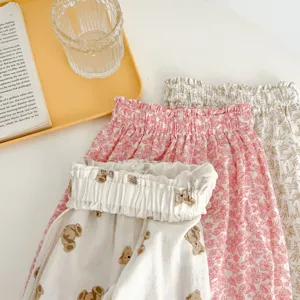 Cute baby summer trousers set with floral and bear prints, breathable elastic waist pants.
