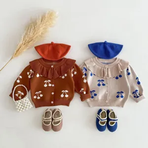 Infant baby girl knit cardigan sweater set with cute cherry print beret and shoes.