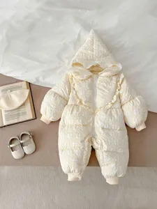Infant winter quilted hooded jumpsuit baby warm down rompers cute floral snowsuit