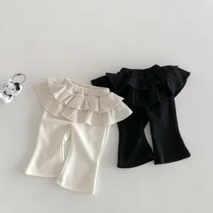 Toddler girls fake two-piece flare pants waffle ruffles casual pants spring outfit