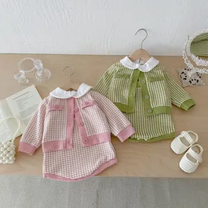 Infant baby girl autumn plaid cardigan coat and dress set cute sweet designer style details view