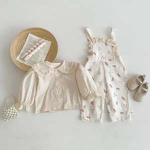 Completo autunnale neonata chic, tutina stampa orsetto carina e camicetta pizzo, stile.