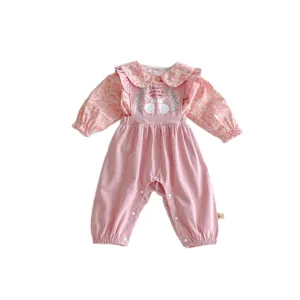 Süßes Baby Mädchen rosa Blumen Kragen Langarm Strampler süßer Hase Print Overall Kleidung