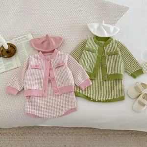 Infant autumn chic plaid cardigan jacket cute knit set with beret for baby girls lovely fashion