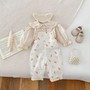Neonata Cotone Twill Salopette E Camicia A Manica Lunga Set Carino Stampa Orsetto Abito Casual Neonato Primavera Autunno Abbigliamento