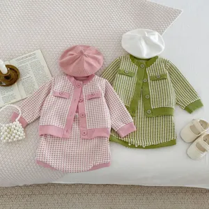 Toddler infant knit cardigan set with skirt and beret, cute autumn baby girl outfit detail.