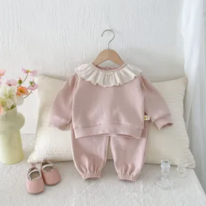 Neonata Bambina Rosa Felpa Pantaloni Set Collo Bambola Pizzo Maglia Waffle Outfit