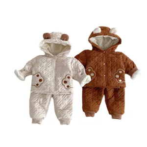 Schattige baby winter dikke katoenen kleding set, beren hoodie en warme broek voor peuters.