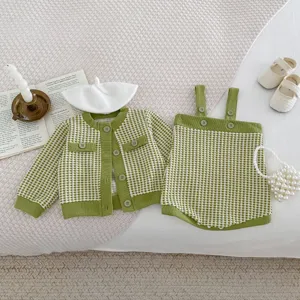 Infant autumn knit cardigan strap pants set green plaid cute baby girl clothing cute chic
