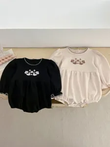 Infant baby long sleeve floral embroidered romper details, soft cotton baby bodysuit setup.