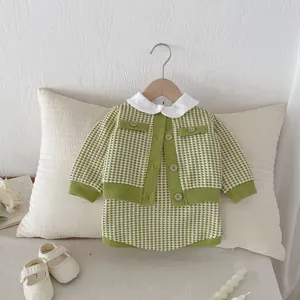 Infant baby fall plaid cardigan coat and strap pants set toddler cute knitwear 2024