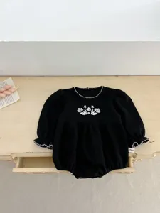 2024 Spring new infant baby girl black romper with white floral embroidery and cute trim.