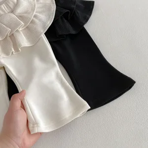Toddler girls ruffle flare pants detail, cute tiered skirt leggings, casual cute spring wear.