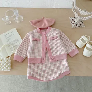 Baby girl pink houndstooth tweed cardigan coat dress beret outfit set autumn infant