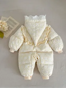 Detailed view of baby winter hooded jumpsuit with cute floral pattern and frill rim design.