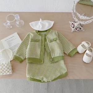 Infant autumn green white grid tweed cardigan knitted romper cute baby girl clothing set