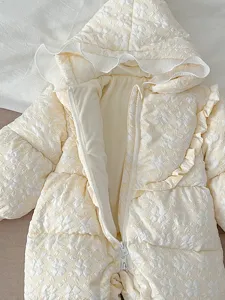 Infant baby winter hooded down jumpsuit with cute floral texture and soft ruffled edge design.