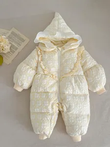 Cute baby winter down jumpsuit with hood and ruffles, warm quilted floral romper for newborns.