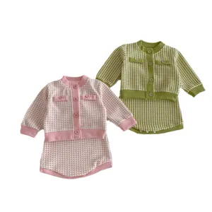 Infant baby girl knit cardigan and romper set, cute plaid tweed style toddler two-piece outfit.