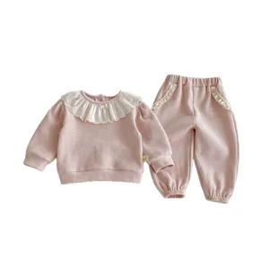 Set felpa e pantaloni rosa per bambina piccola con colletto bambola in pizzo bianco grazioso