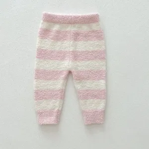 Confortable pantalon pyjama bebe douillet rayé rose blanc vetement chaud hiver doux