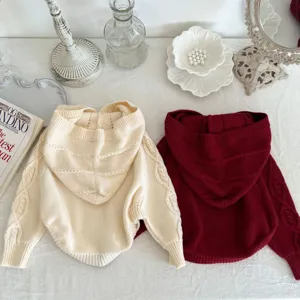 Cute kids knitted hooded sweater with cable knit design, soft children winter top apparel