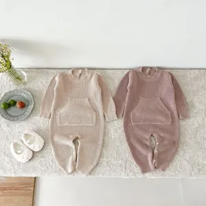 Bebé Recién Nacido Mameluco de Tejido Color Sólido Manga Larga Body Una Pieza Otoño Primavera Algodón Ropa