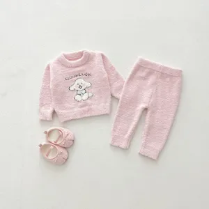 Cute baby pink fuzzy fleece sweater and pants set with adorable puppy detail, cozy winter wear.