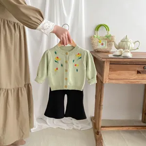 Toddler baby girl knit cardigan and flared pants set with floral embroidery spring autumn outfit